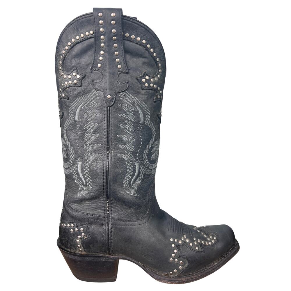 Vintage Sonora Black Leather Distressed Studded Cowgirl Boot Size US 7 B